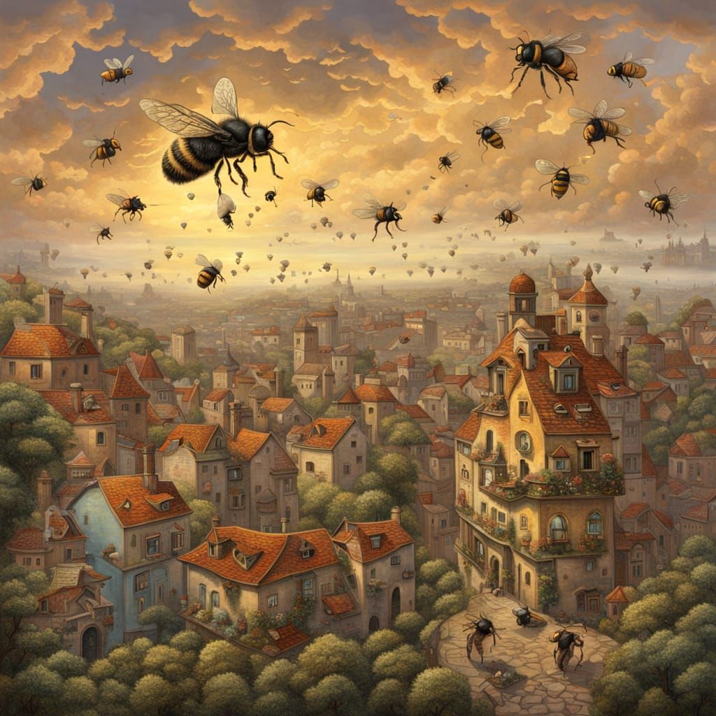 Bees Over City: Fantasy Art Masterpiece