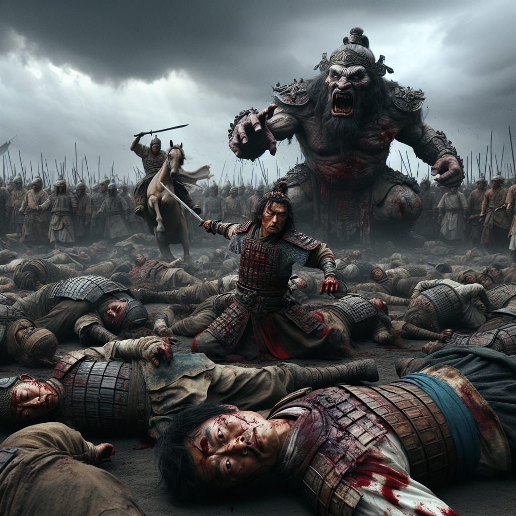 Asian Knight's Last Stand Against Ogre in Digital Painting