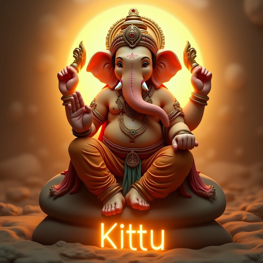 Ganesha on Mushika with Golden Light, 3D Render