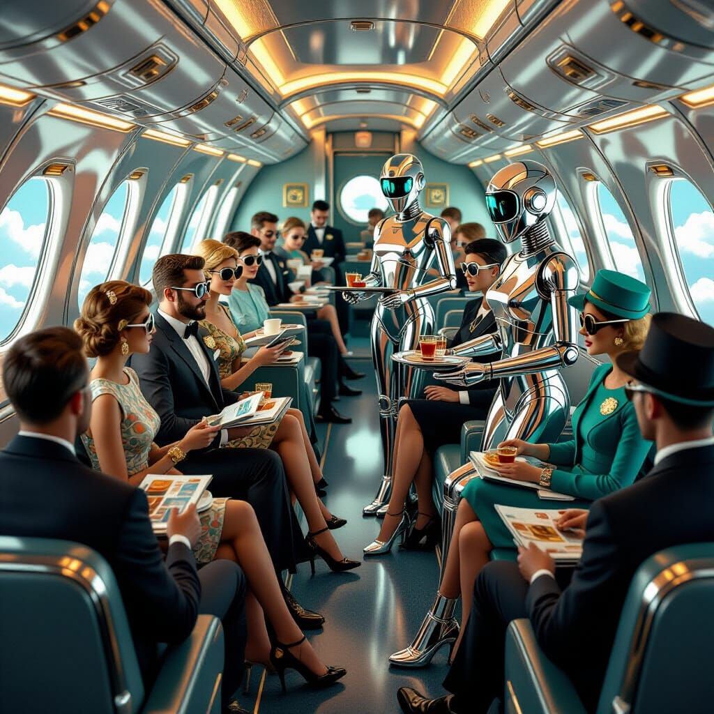 Retro-Futuristic Airplane Cabin with Robot Attendants