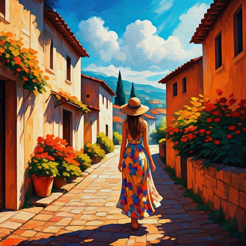 Woman in Village Street: Abstract Expressionist Oil Painting