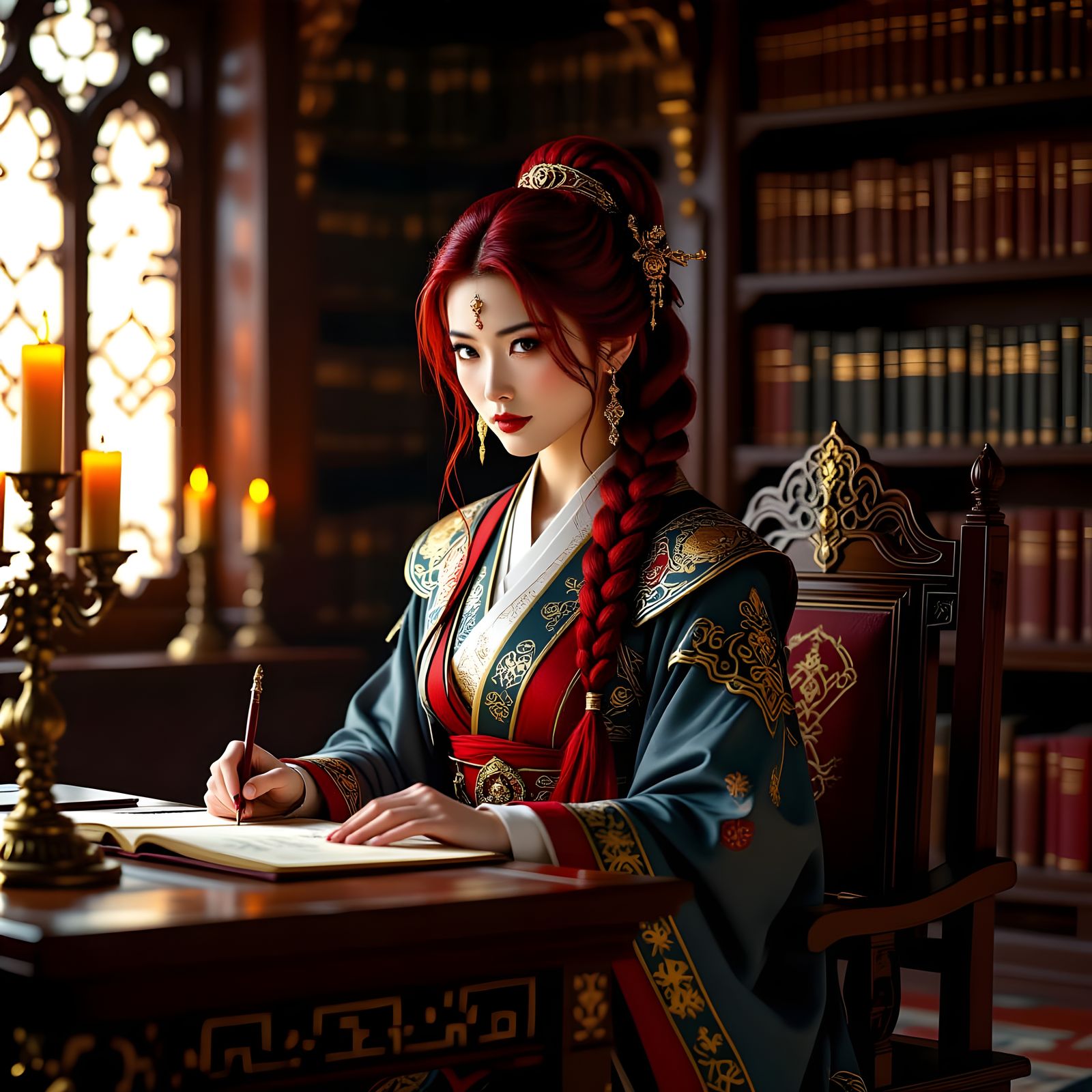 Asian Woman in Library with Arcane Robes