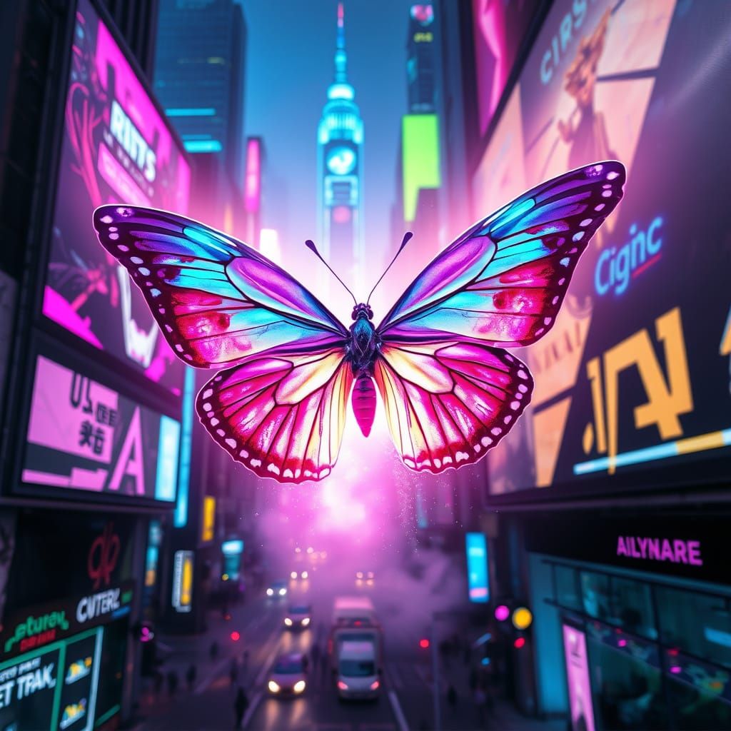 Surreal Butterfly Emerges from Cyberpunk City Screen in Vibr...