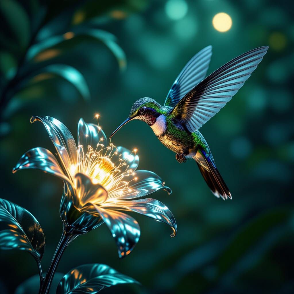 Biomechanical Hummingbird in Chrome Garden, Eerie Aesthetic