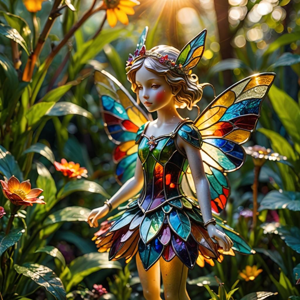 Stained Glass Fairy Figurine in Magical Garden