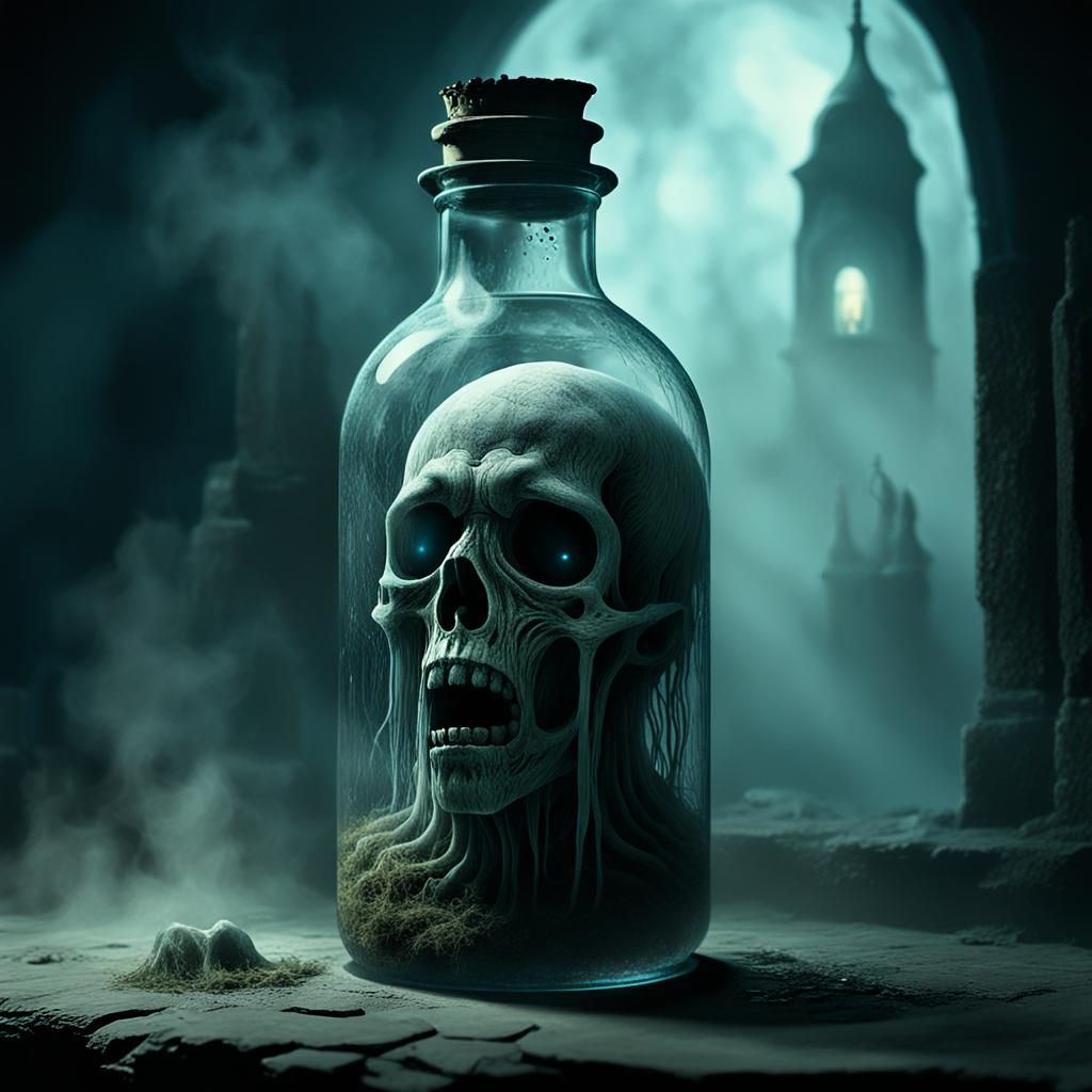 Mystical Bottle Imprisons Ethereal Spirit: Dark Fantasy Art