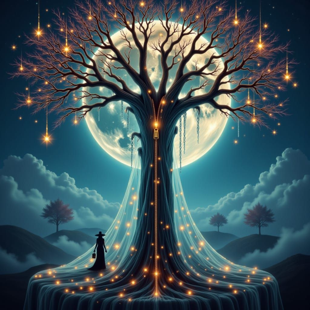 Moonlit Witch and Magic Tree in Fantasy Art Style