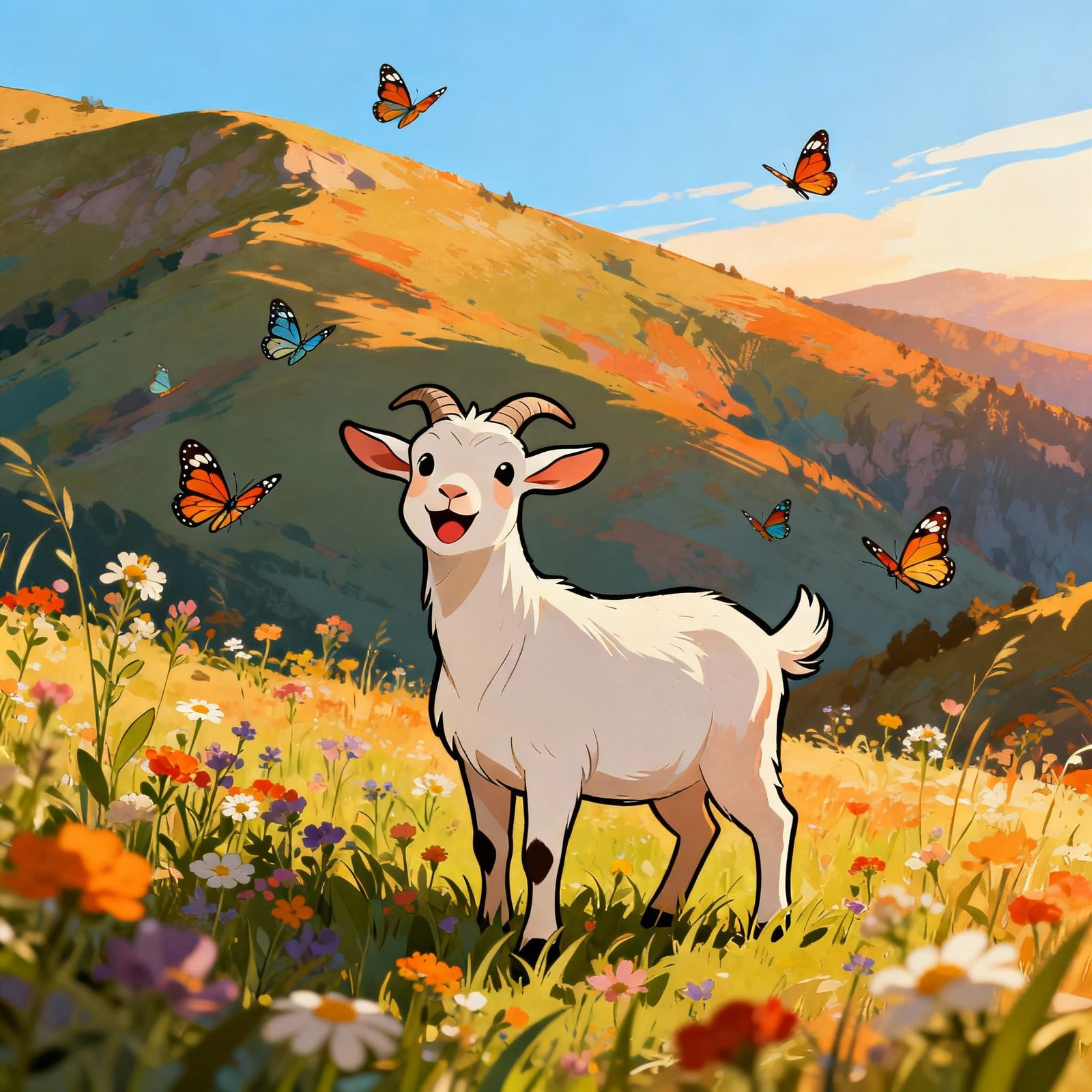 Adorable Goat in Vibrant Mountain Meadow