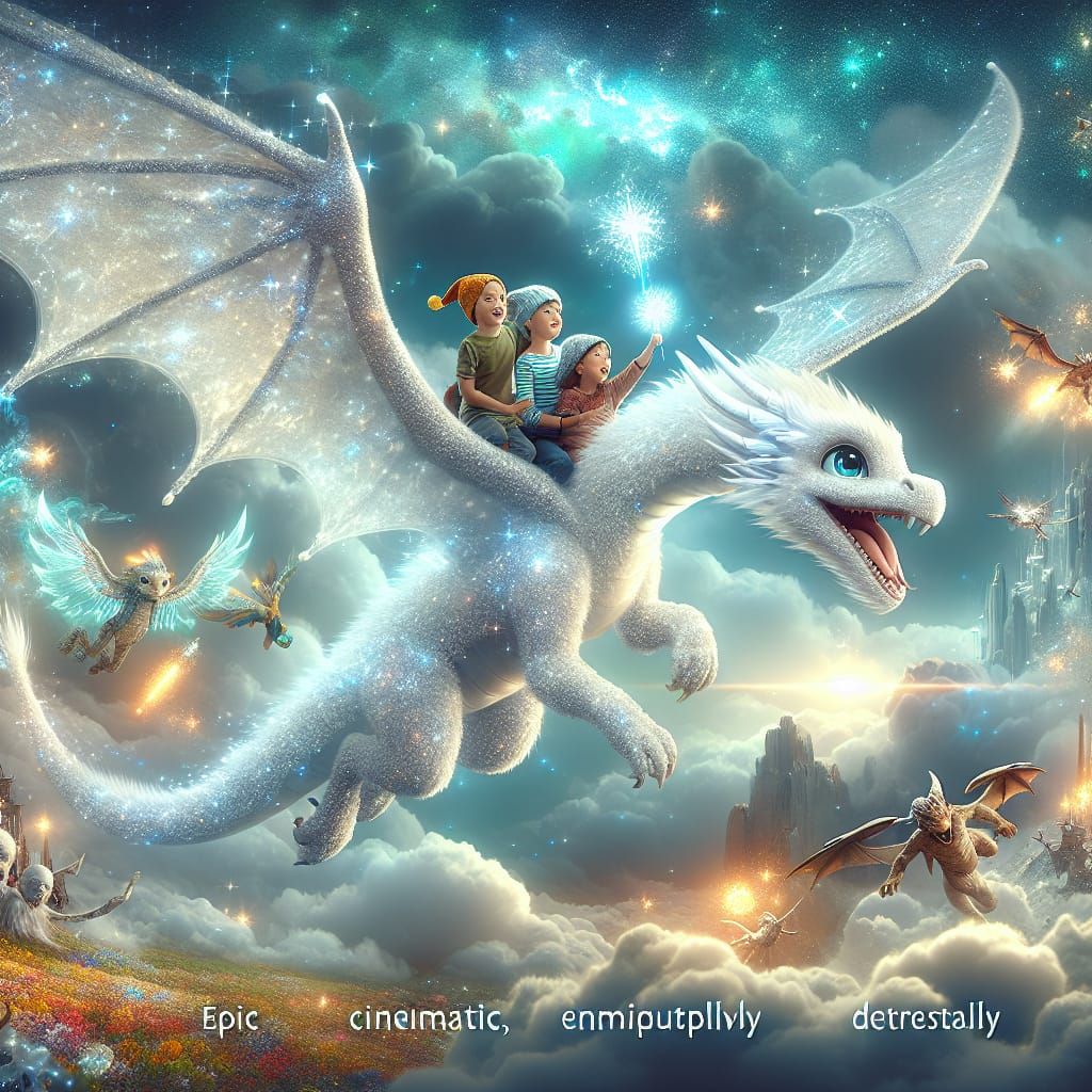 Fantasy Children Ride a Magical White Dragon
