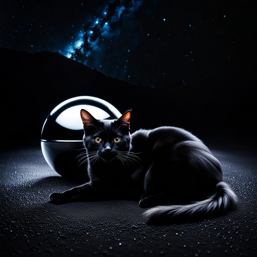 Black Cat and Ebony Sphere in Dark Landscape