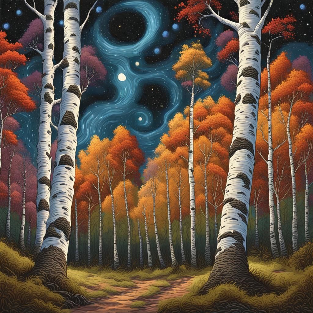 Impasto painting. Ground view of a peaceful birch forest. Cosmic, celestial, starry  sky peeking through the treetops.