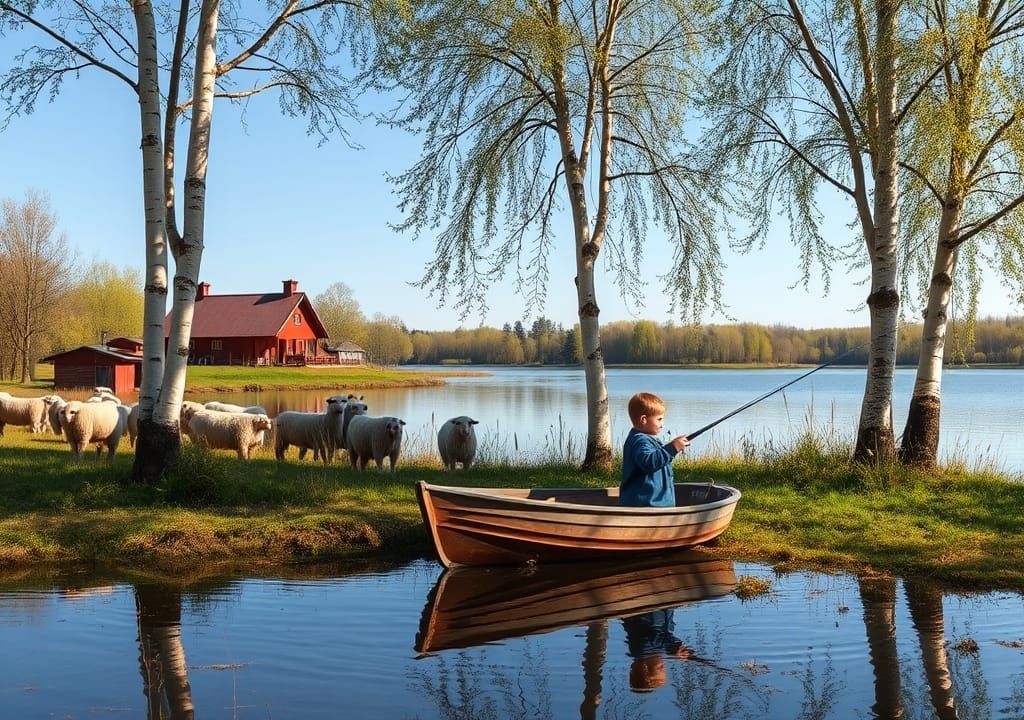 Idyllic Farm Scene in Sunny Swedish Landscape