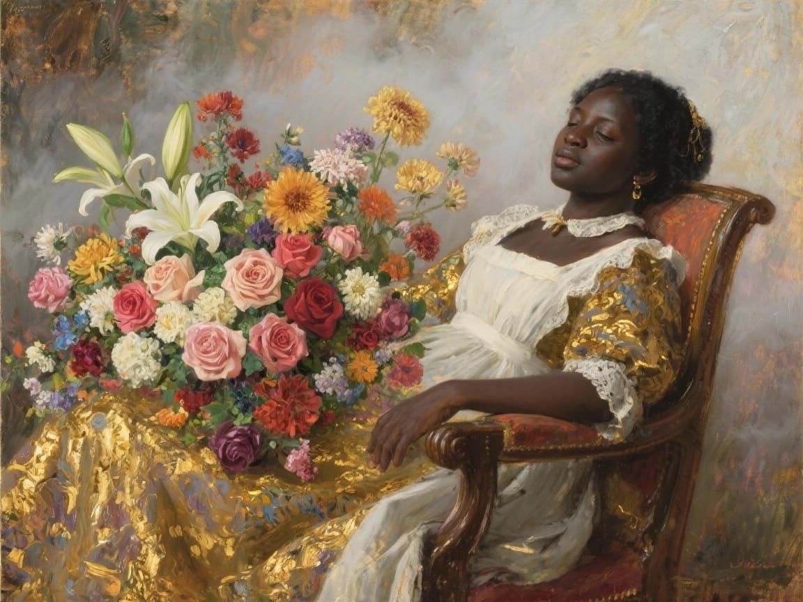 Black Renaissance Maid Rests Among Opulent Flowers