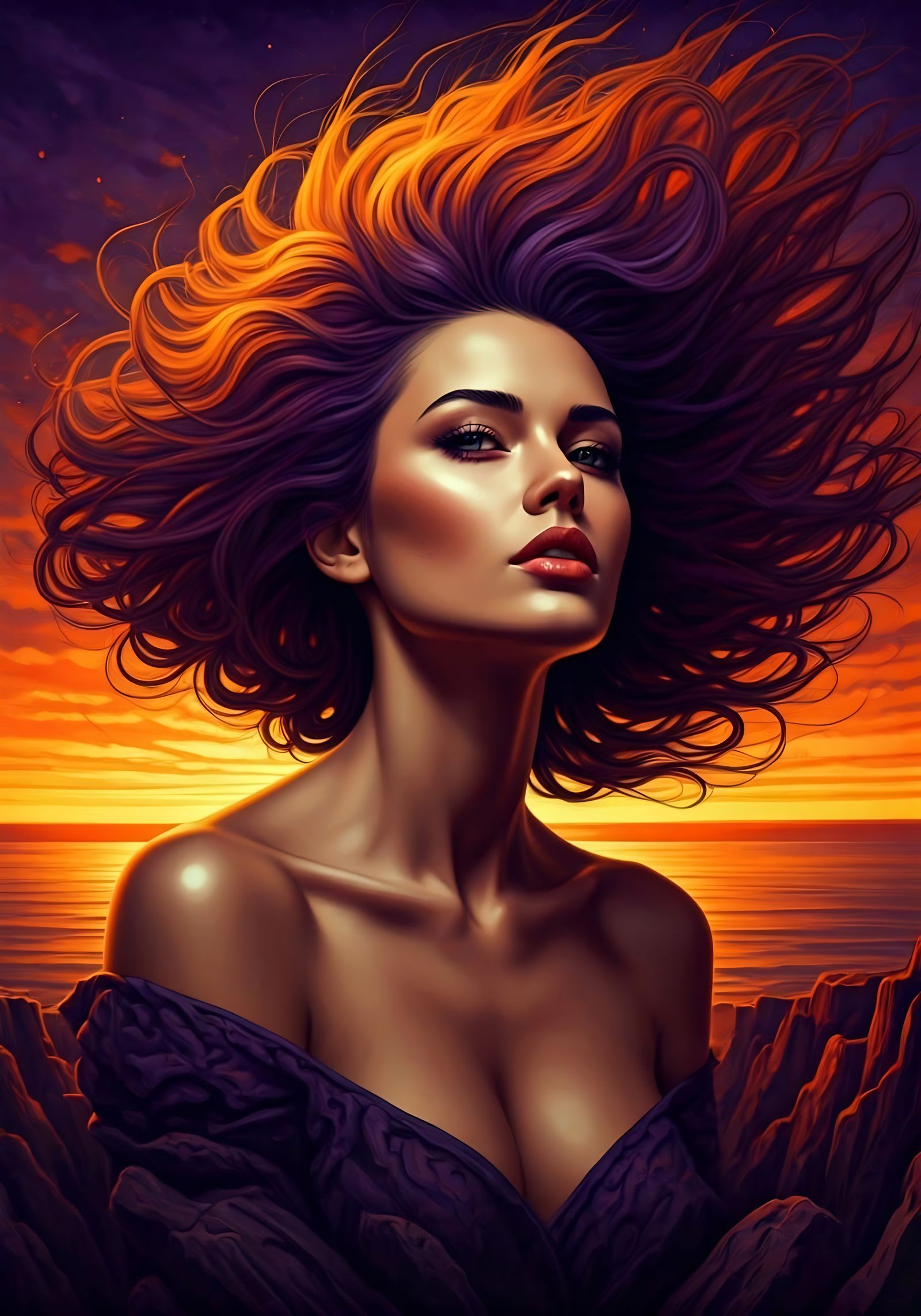 Surreal Portrait of a Woman in Vibrant Orange and Purple Hue...