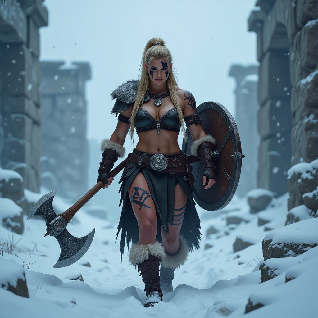 Fierce Blonde Barbarian Woman in Snowy Ruins