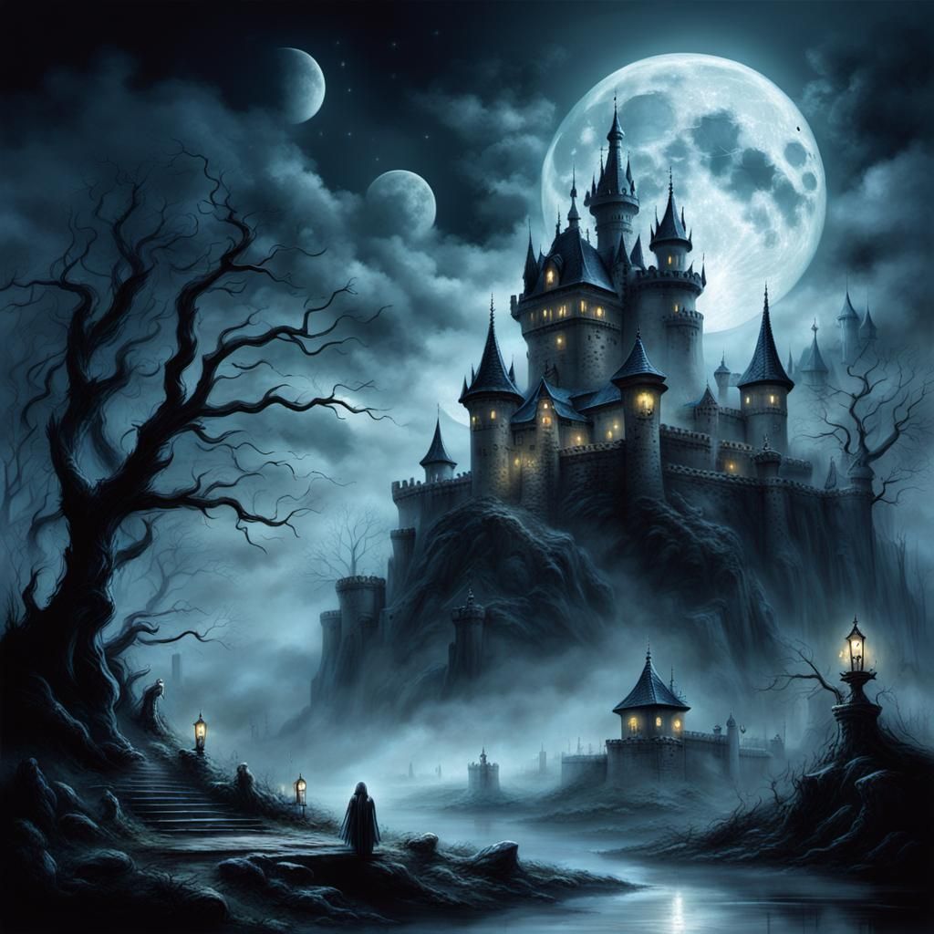 Nightmarish Demon Castle Under a Foggy Moon