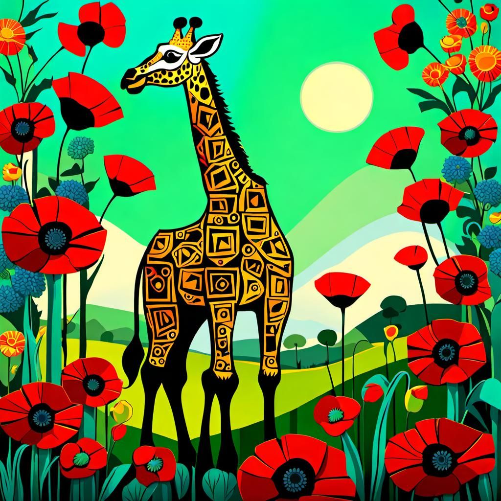 Box Giraffe in Poppy Field, Zentangle Style