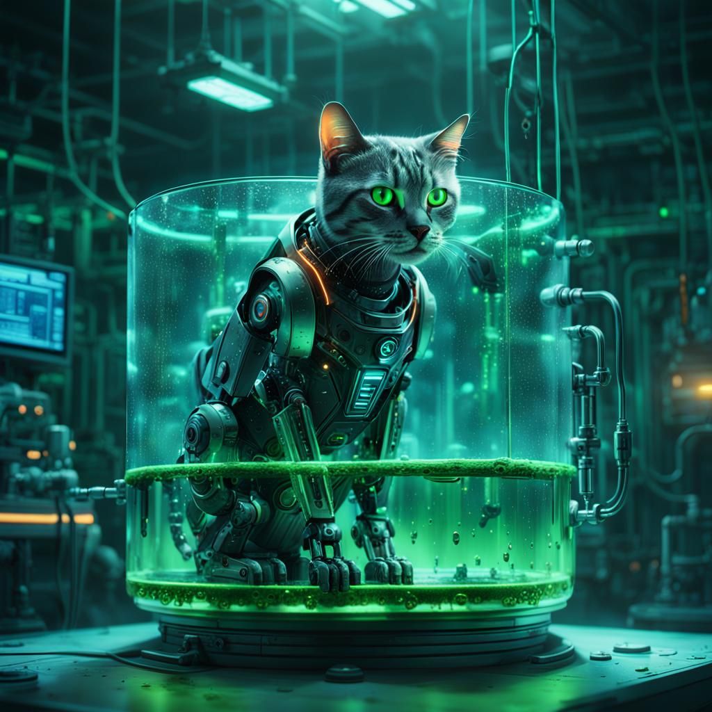 Cyberpunk Cat in a Glistening Lab Tank