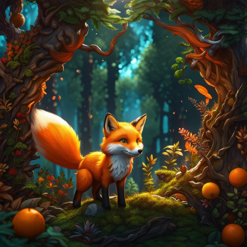 Cute Orange Fox in Detailed Forest Art