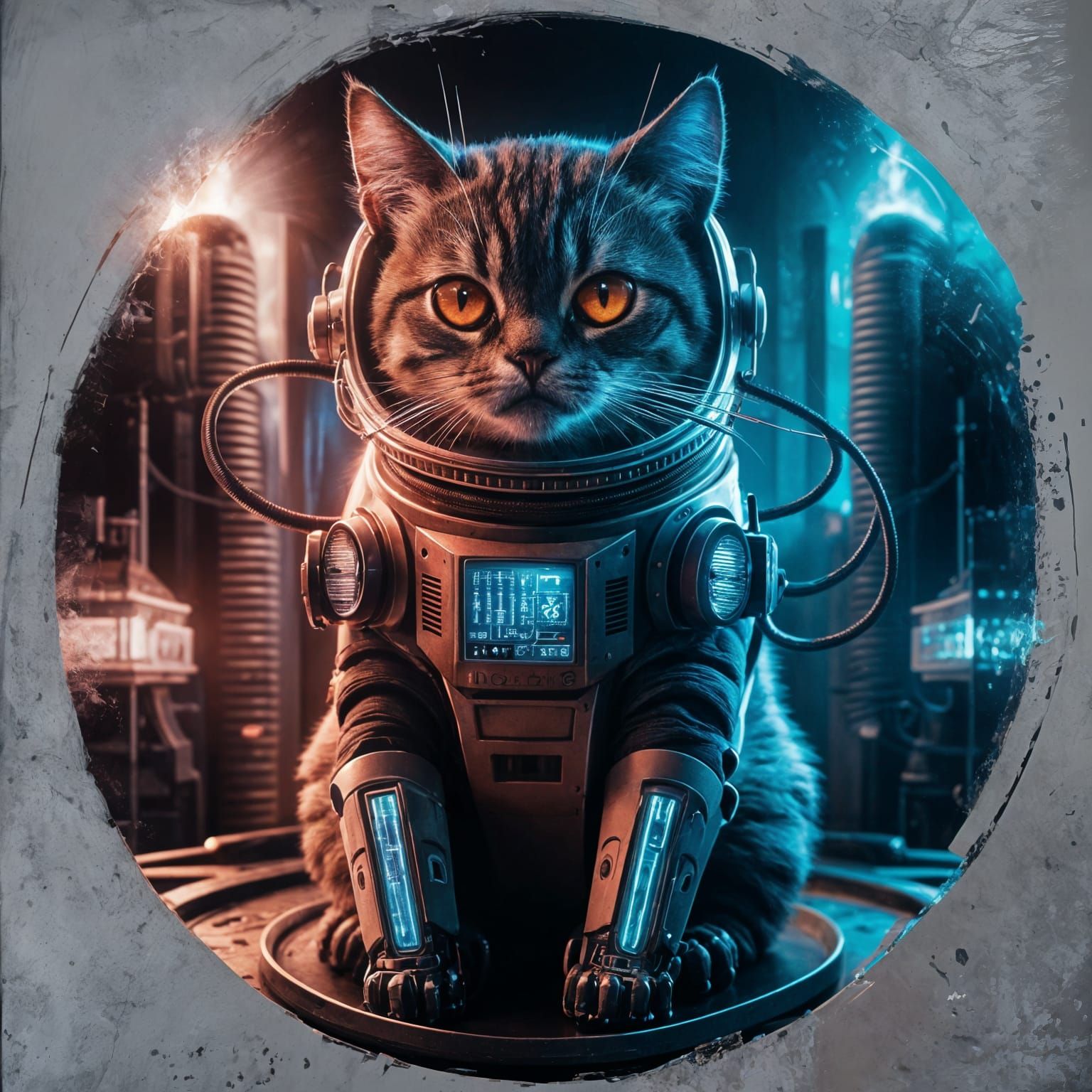 Futuristic Cyberpunk Space Cat with Robotic Implants