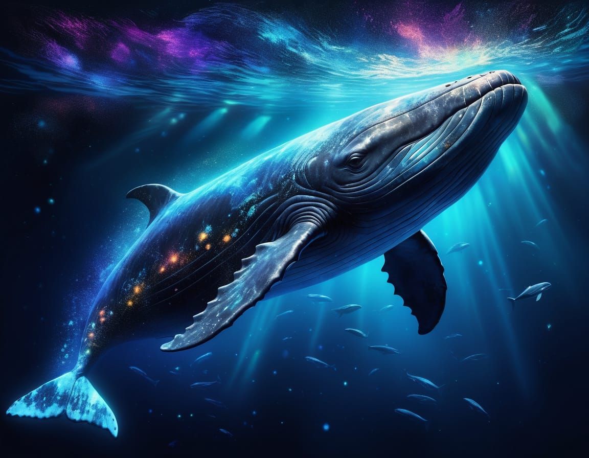 Bioluminescent Cosmic Whale Floating Through Galactic Space