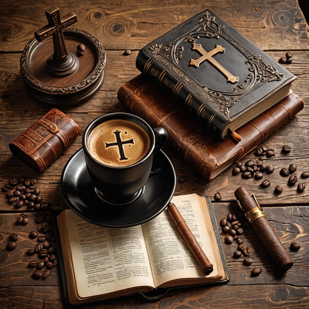 Coffee, Bible, and Cigar Still Life