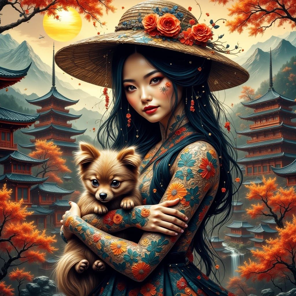 Geisha with puppy