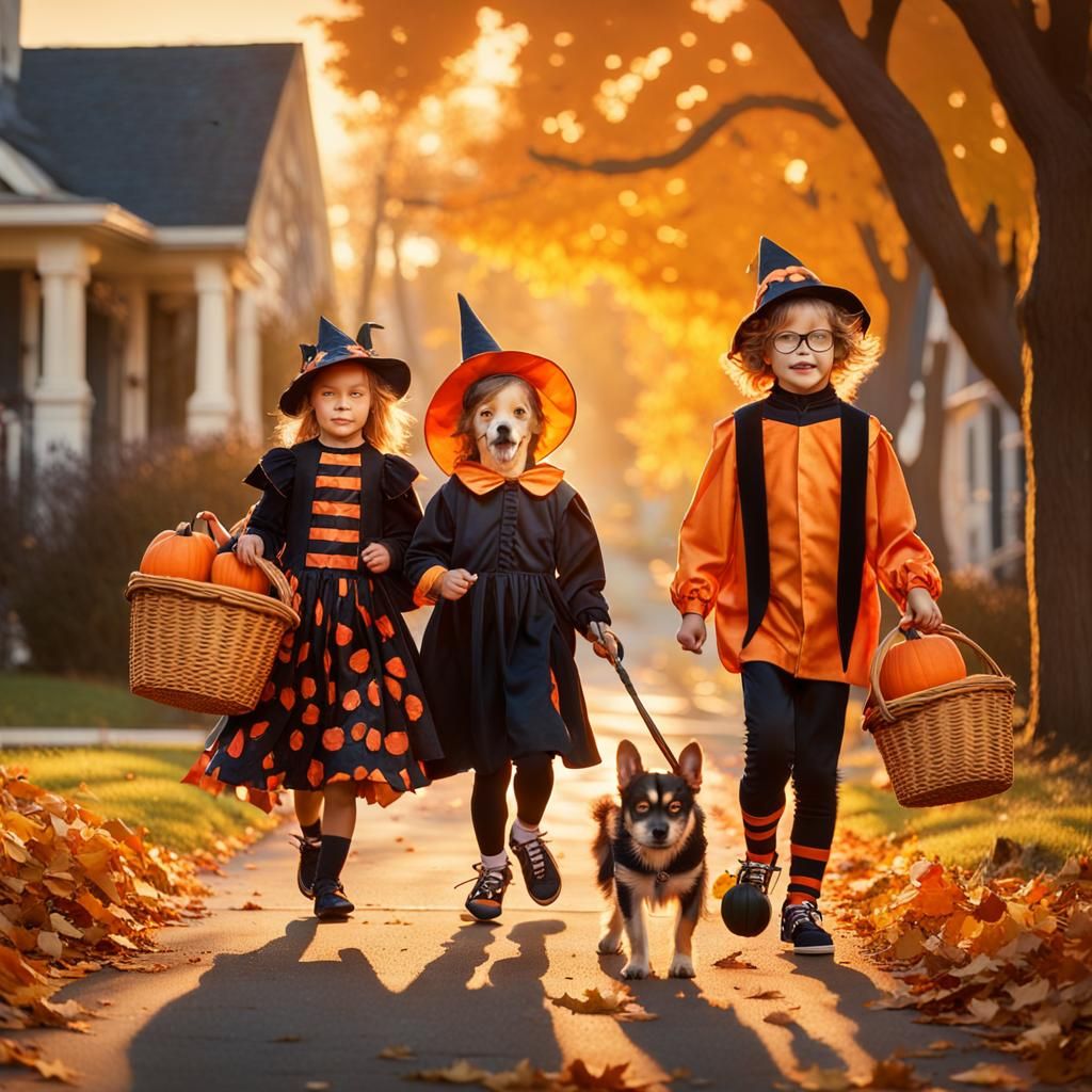 Happy Children Trick-or-Treating in Rockwell Style