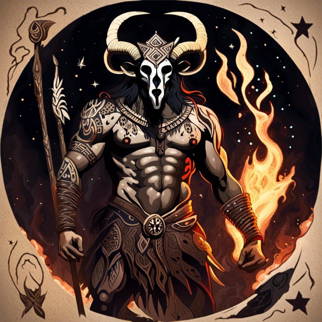 Pagan God with Ram Skull Mask in Wilderness
