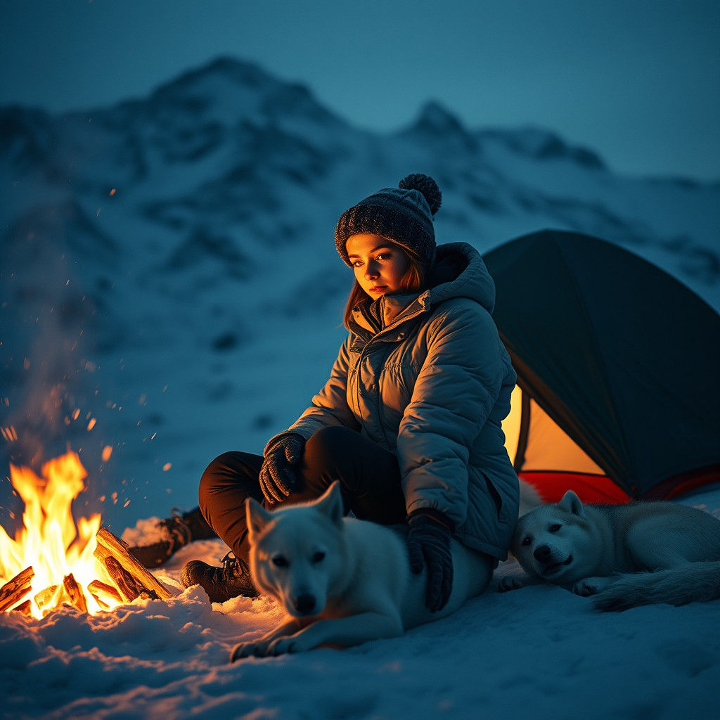 Snowy Mountain Campfire Scene at Night