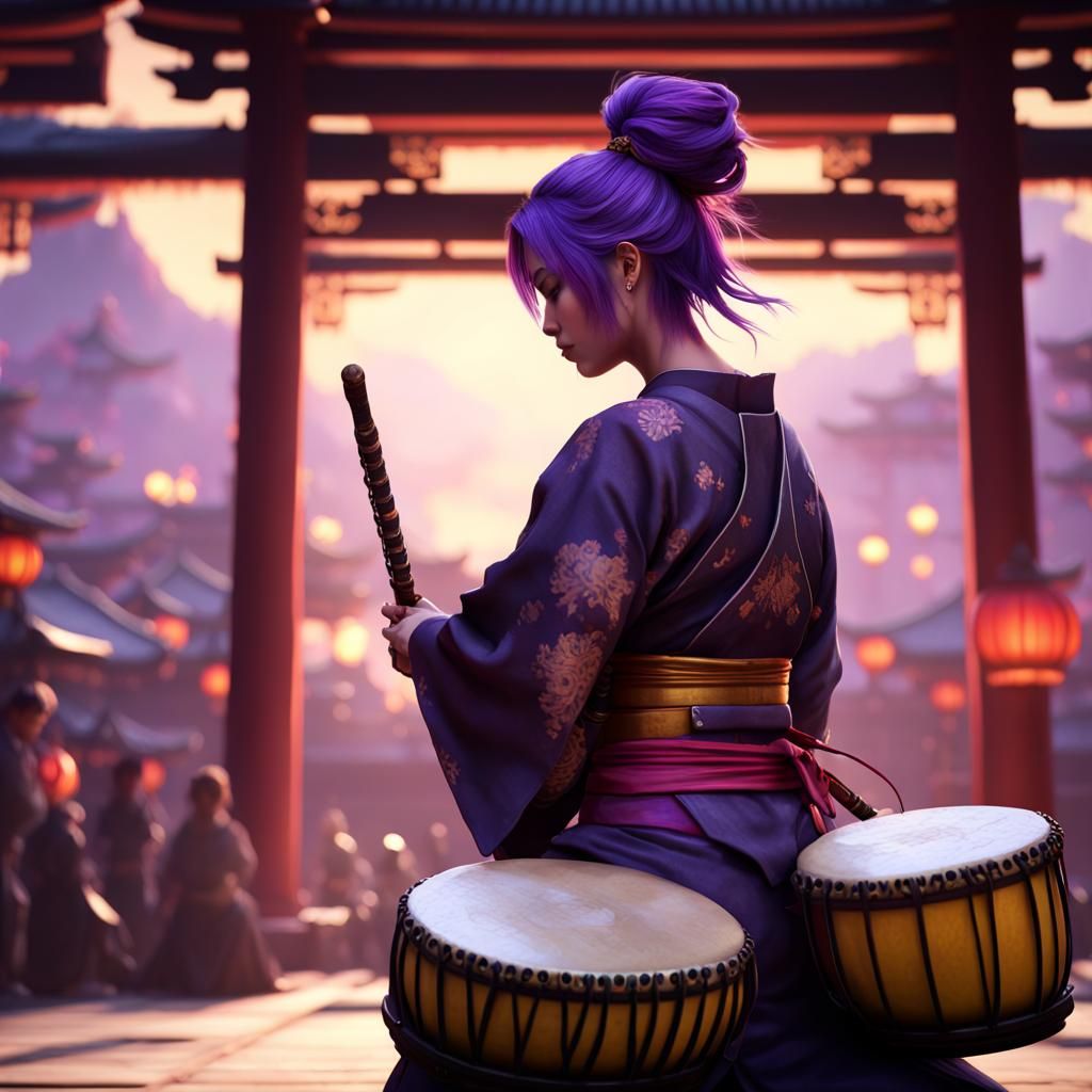 Samurai Girl with Taiko Drum: Dark Fantasy Art