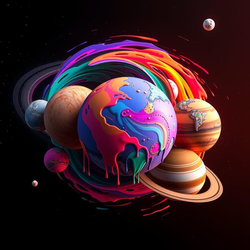 Surreal Cosmic Dance in Vibrant, Swirling Paint