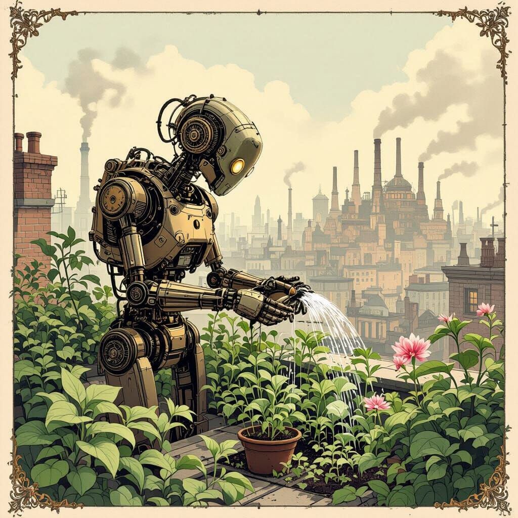 Steampunk Automaton Tends Rooftop Garden Over Victorian City