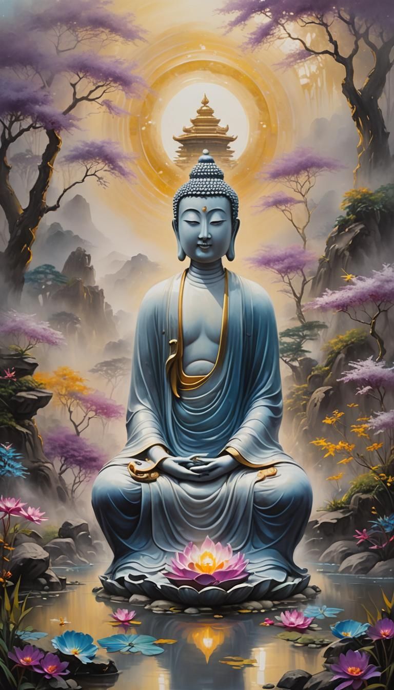 Amitabha in Zen Garden: Surrealist Oil Painting