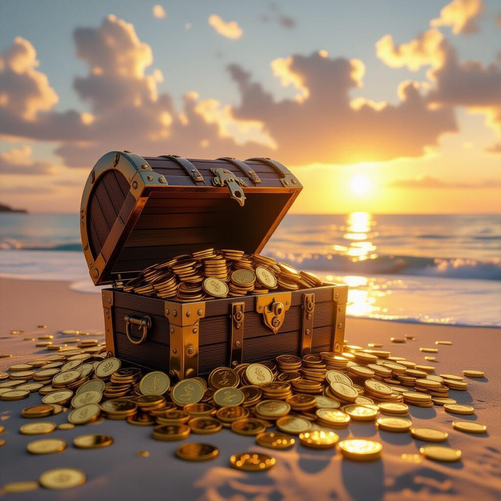 Ancient Treasure Chest Overflowing with Gold on Beach at Sun...
