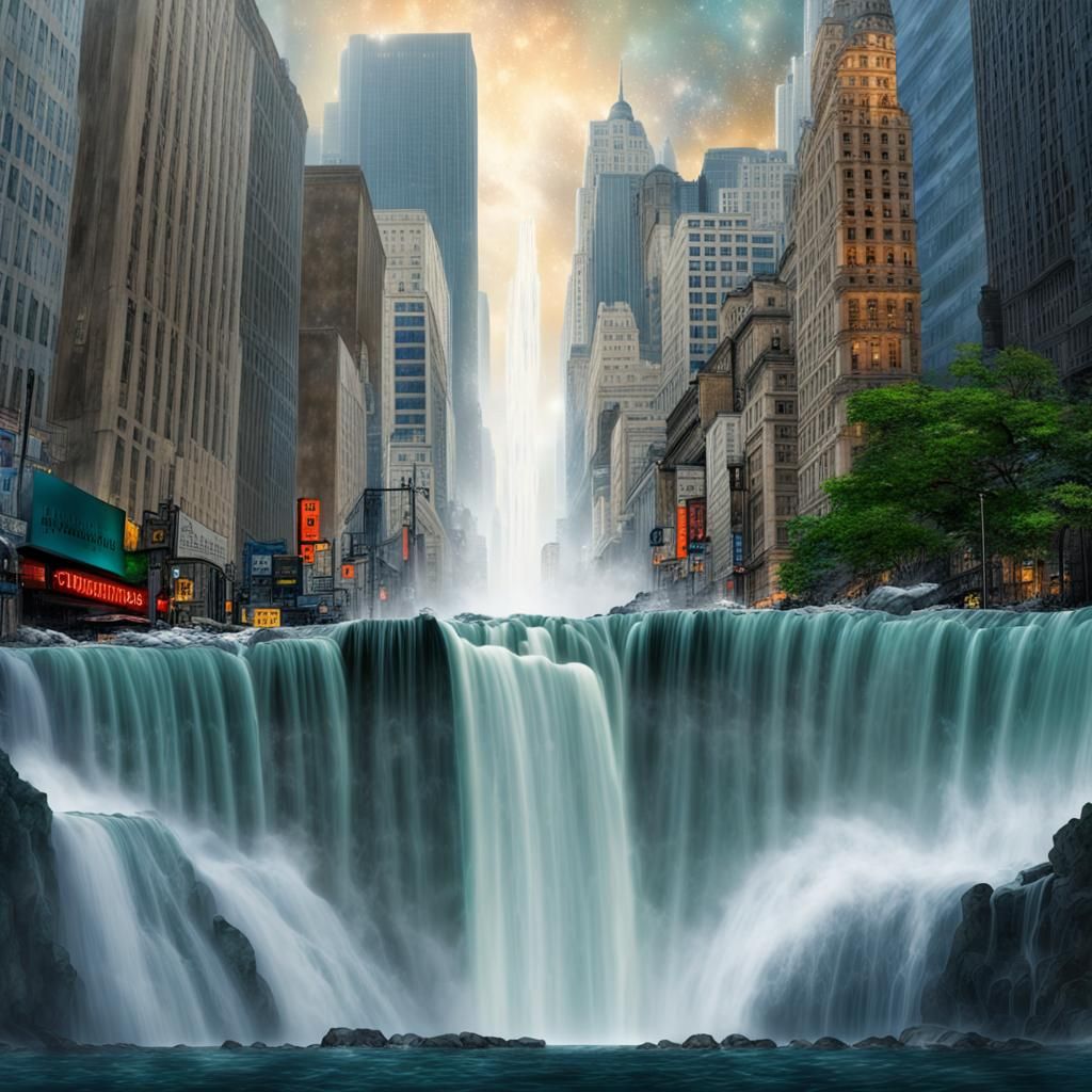 Metropolis City Cascading Waterfall: Surrealist Landscape