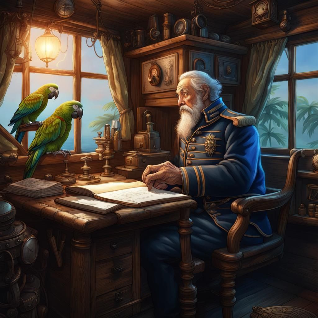 Captain Sketching Parrot: Detailed Matte Painting