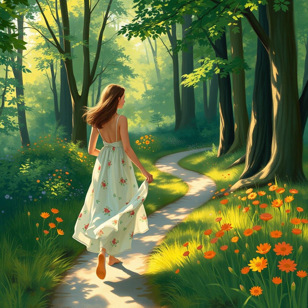 Peaceful Forest Path in Whimsical Impressionist Style