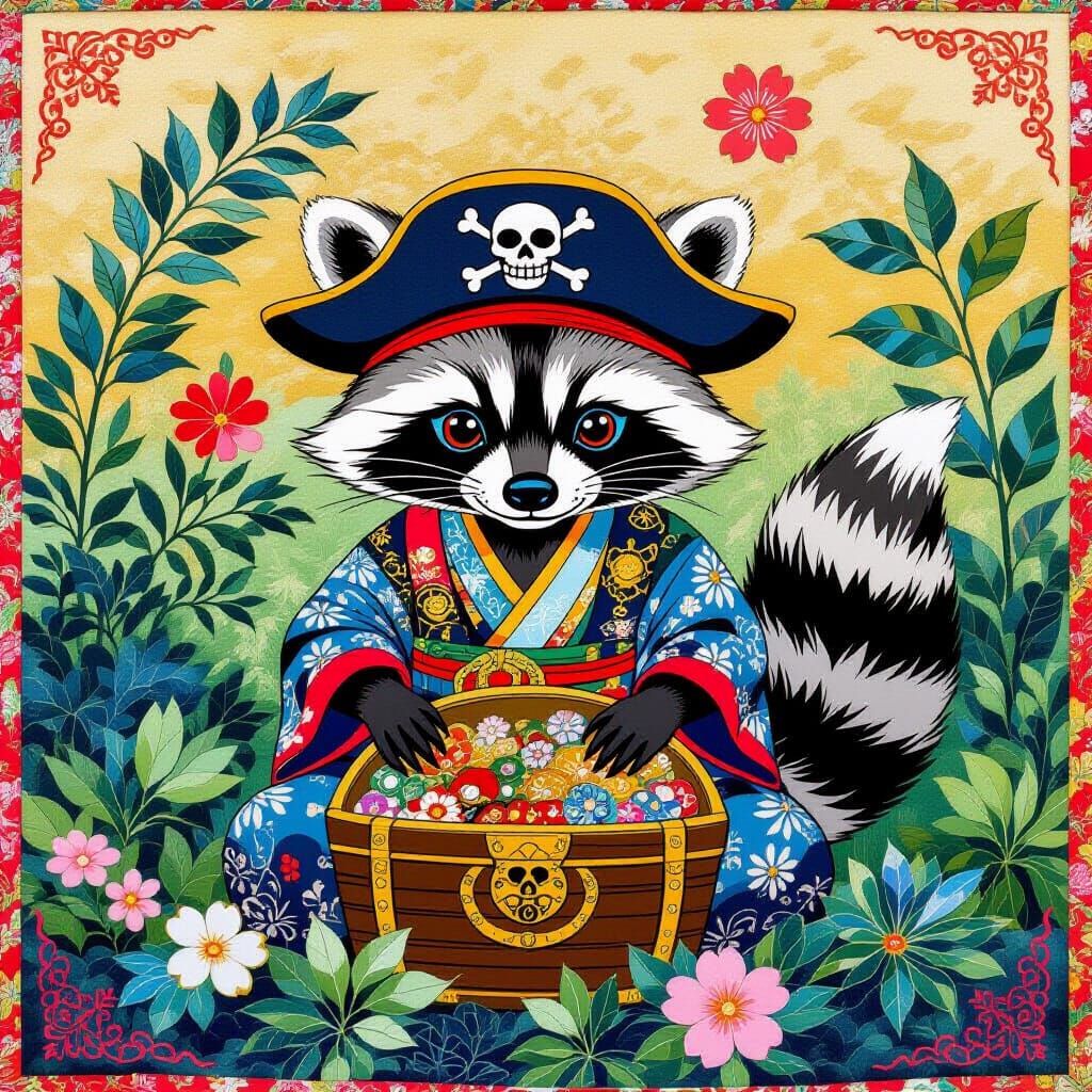 Raccoon Pirate Guards Treasure on Japanese Quilt