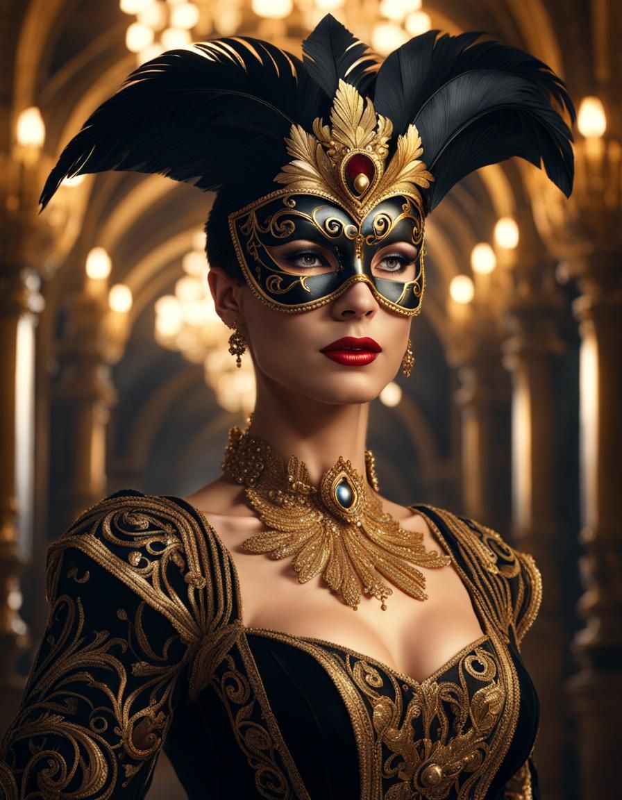 Woman in Venetian Mask Observes Golden Ballroom