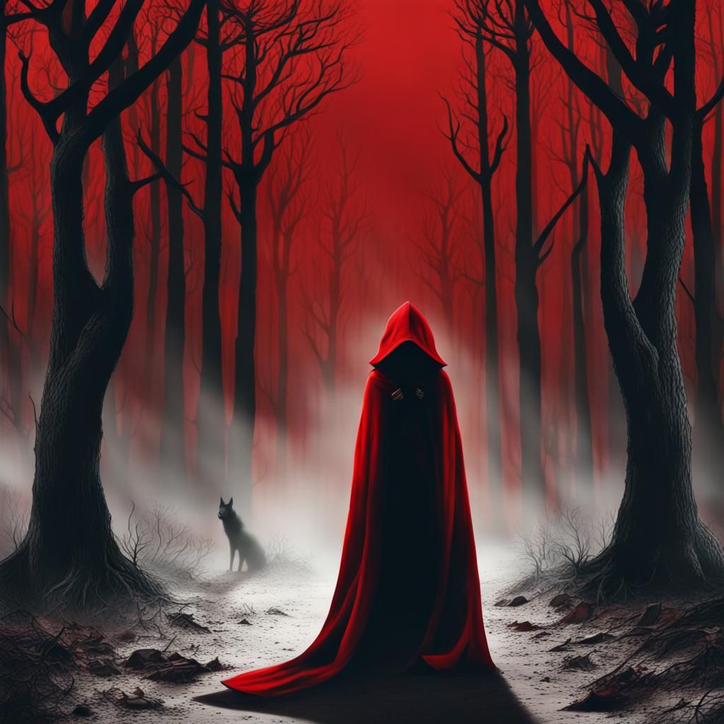 Sinister Little Red Riding Hood in Dark Forest