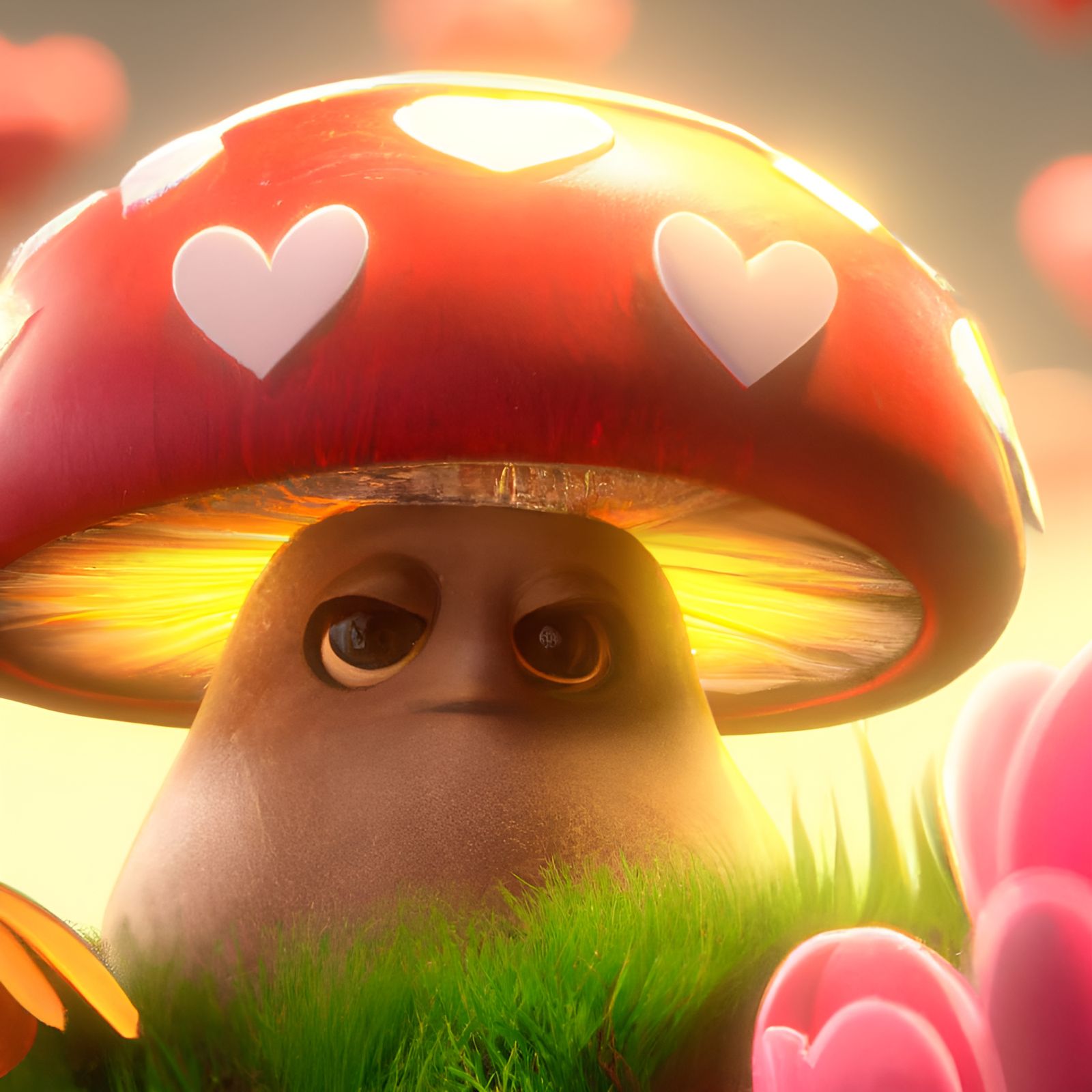 Adorable Mushroom Surrounded by Hearts and Flowers