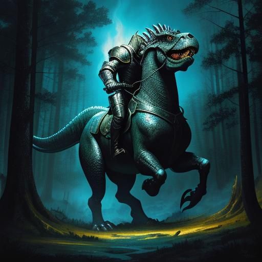 Napoleon Rides Armored T-Rex in Impasto Oil Painting