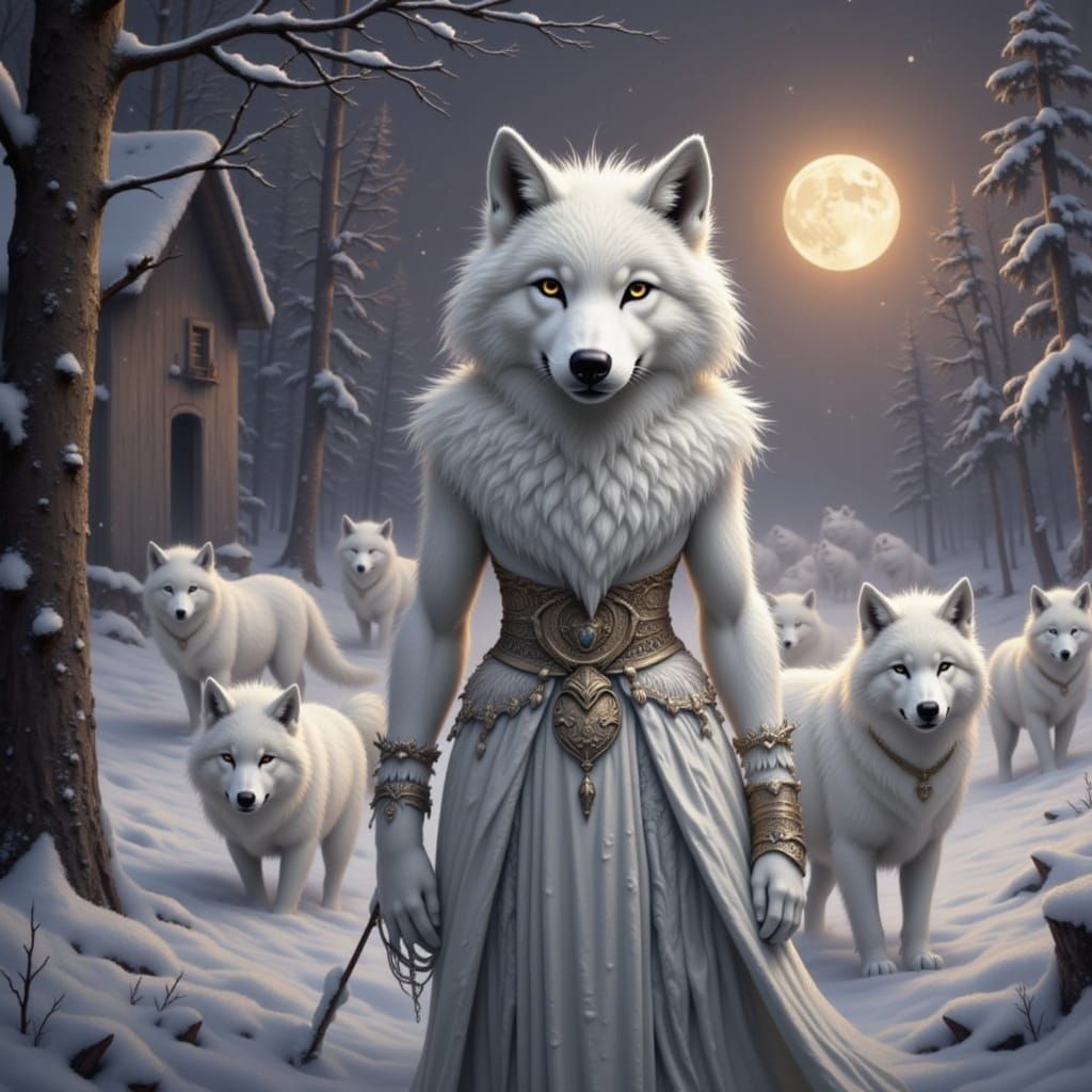 Winter Goddess Leads Divine Arctic Wolves Through Snowy Vill...
