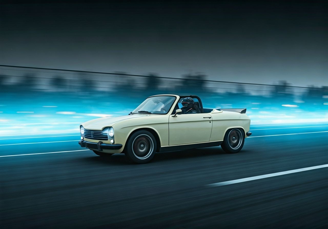 Steampunk Peugeot Roadster Races Through Blue Battlefield