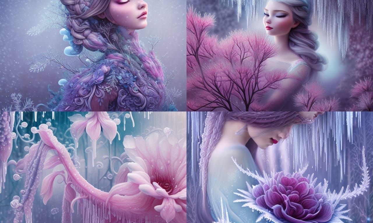 Frozen Blossoms in Wintry Garden: Hyperrealistic 3D Art