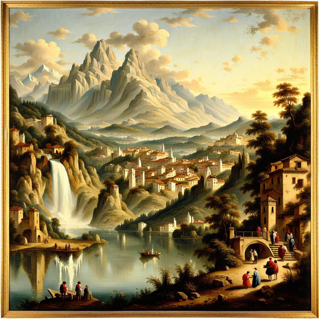 Mountains, Waterfall, and Lake in Canaletto Style