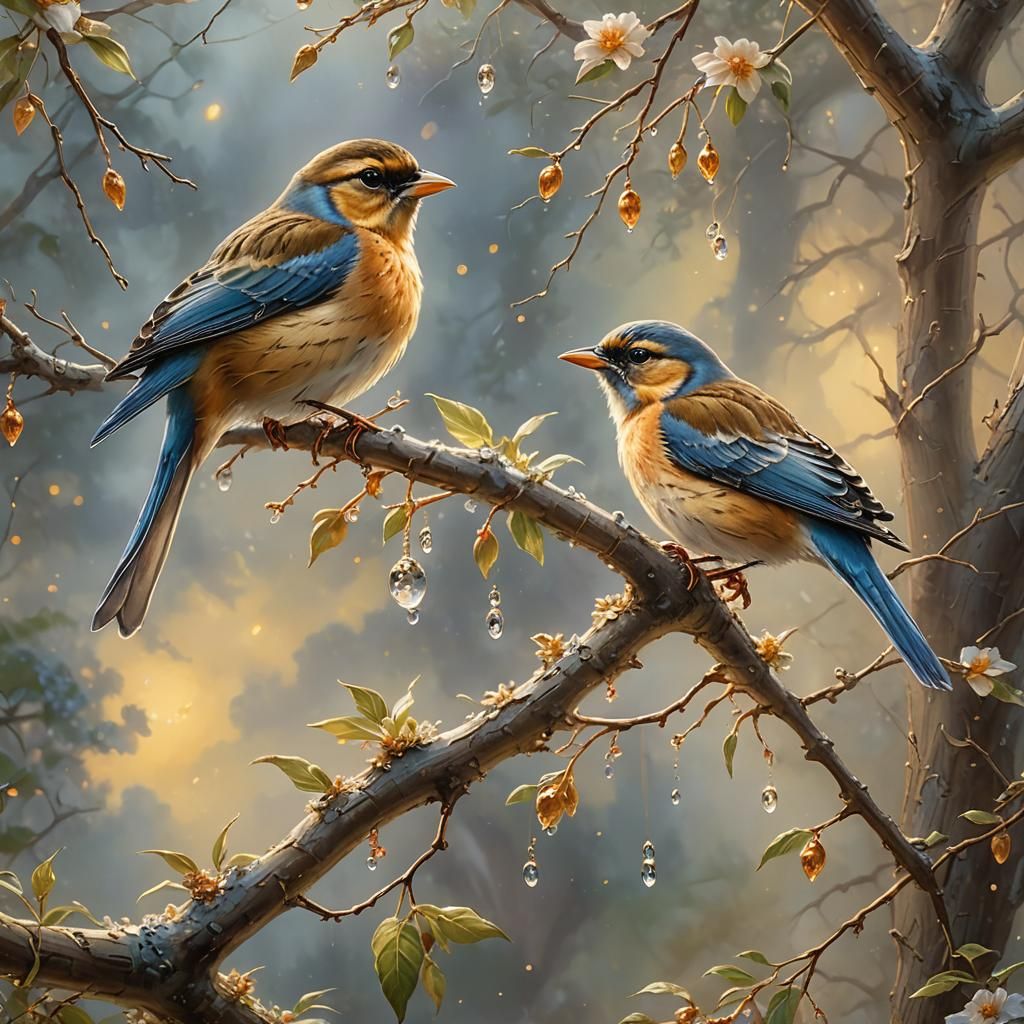 Mother Bird Feeds Young: Ethereal Oil Painting