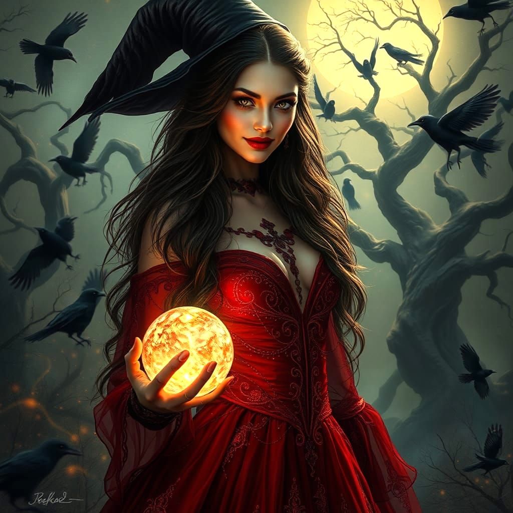 Horror Witch with Powers in a Dark Night Sky