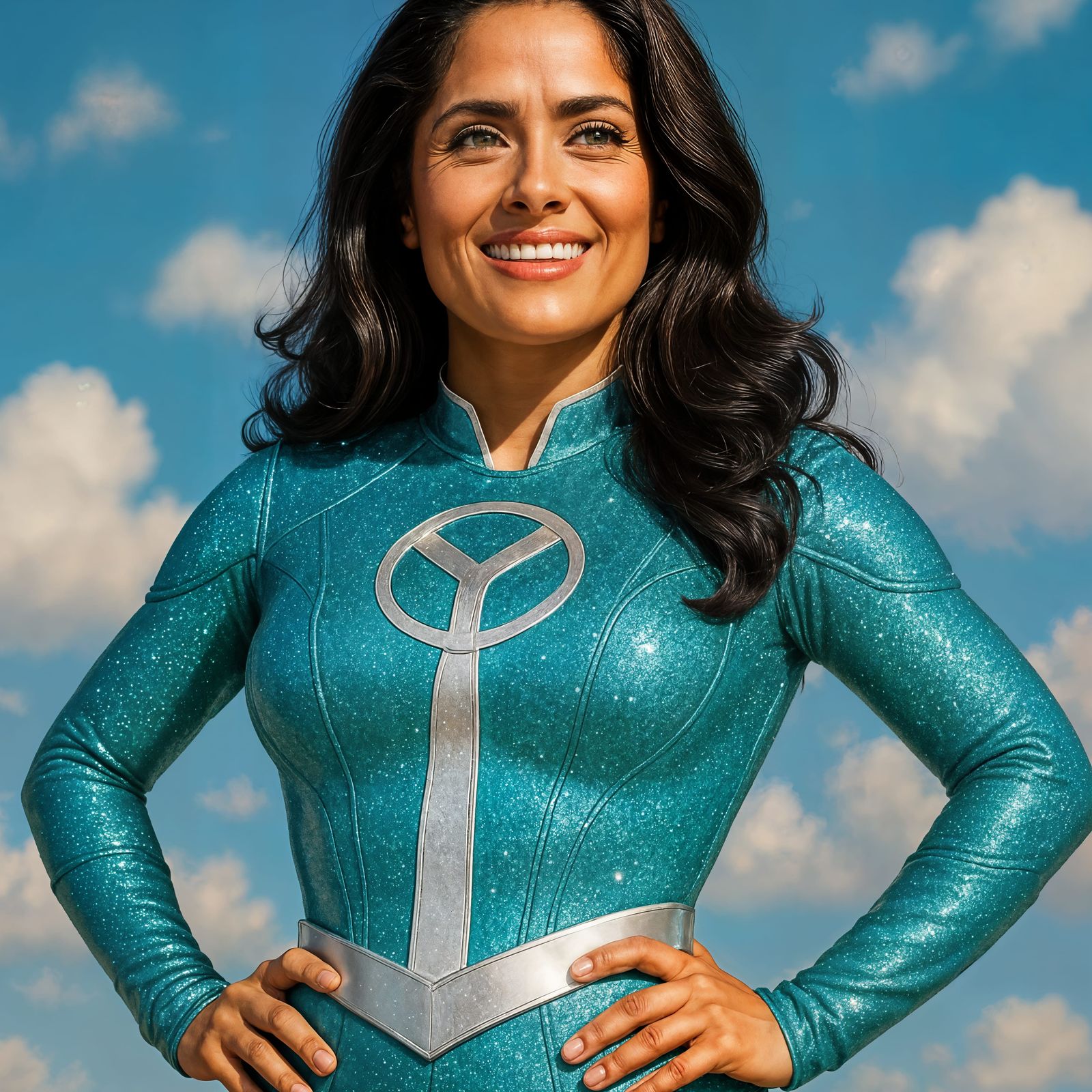 Salma Hayek as a Turquoise Superhero